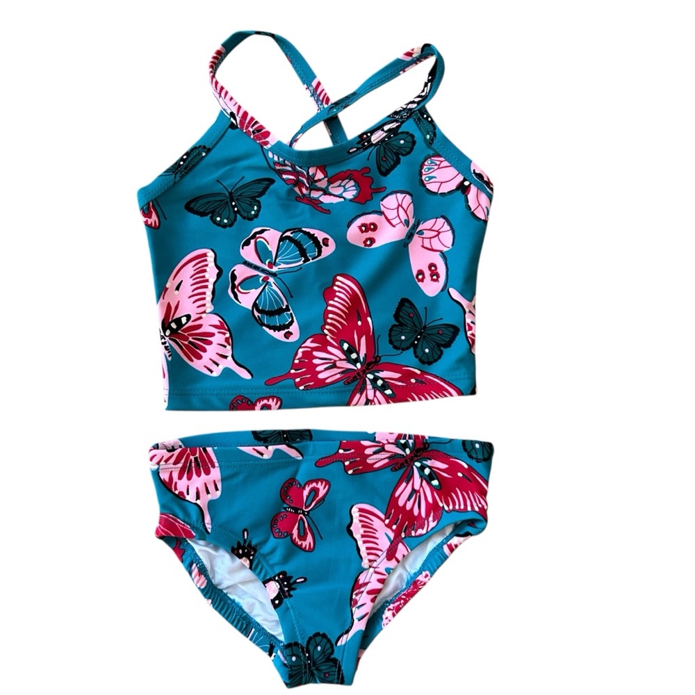 NIP HA Teal Butterfly Print Tankini Set With Sun Protection Size 85 (2T)